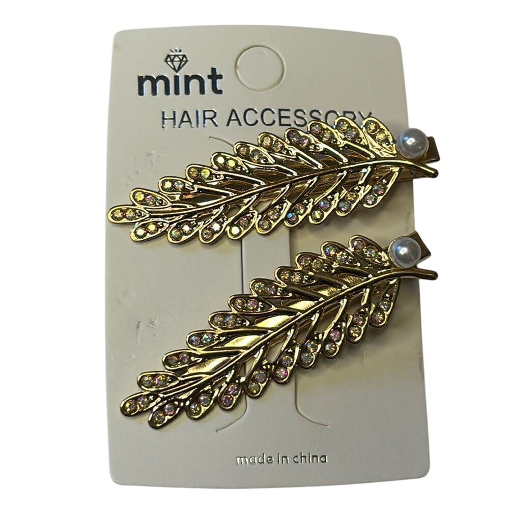 Mint Gold Tone Leaf Hair Clips Rhinestone Pearl Barrettes Set of 2 NWT